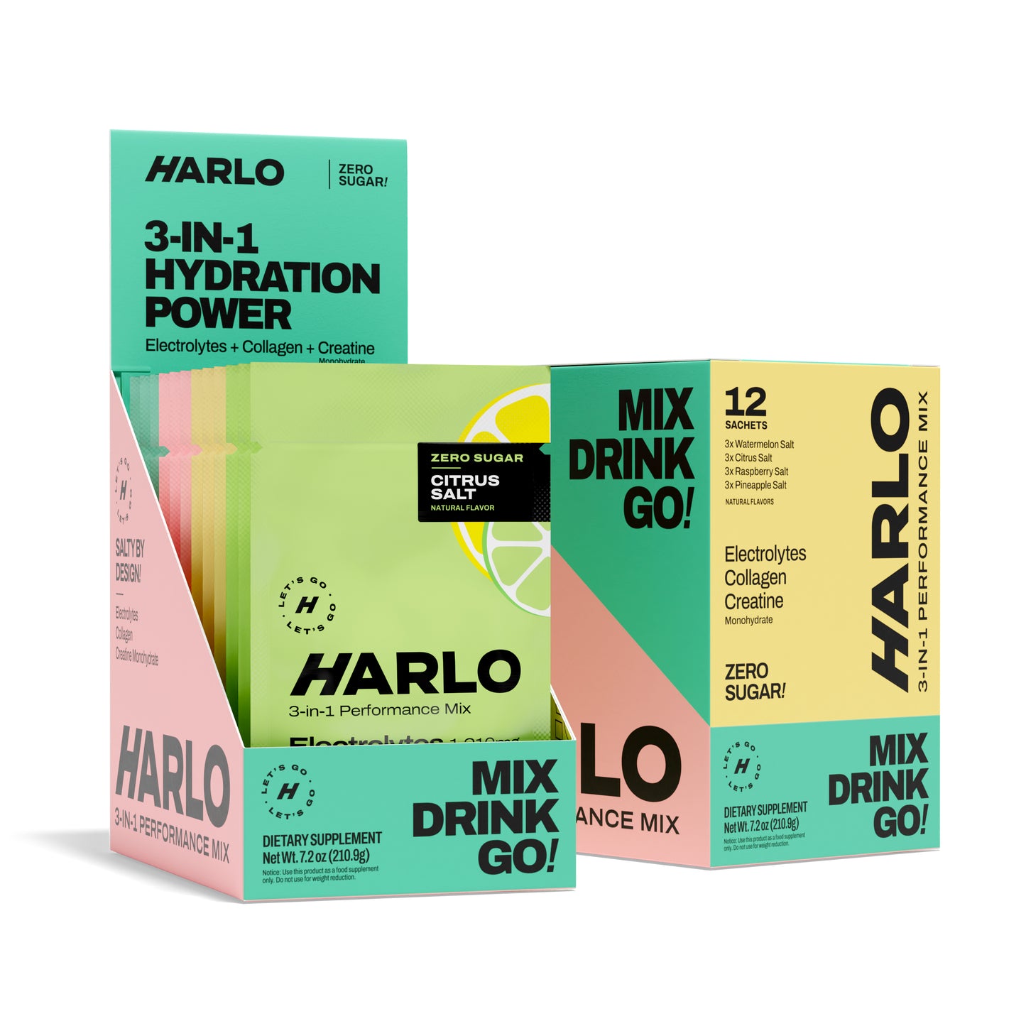 Harlo 3-in-1 Variety Box – Electrolytes, Collagen & Creatine | Single-Serve Sachets for Hydration & Recovery