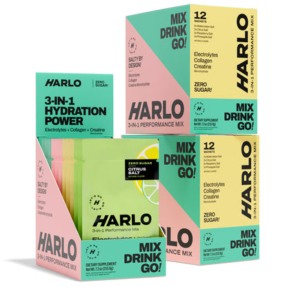 Harlo 3-in-1 Variety Box – Electrolytes, Collagen & Creatine | Single-Serve Sachets for Hydration & Recovery