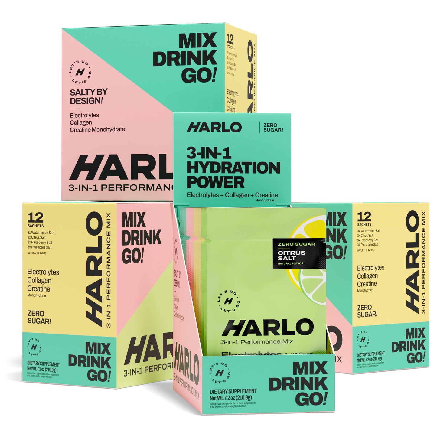 Harlo 3-in-1 Variety Box – Electrolytes, Collagen & Creatine | Single-Serve Sachets for Hydration & Recovery