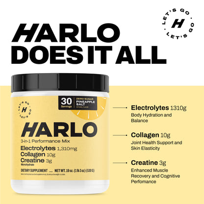 Harlo 3-in-1 Performance Drink Mix – Electrolytes, Collagen & Creatine | Hydration, Recovery & Muscle Support – 30 Servings