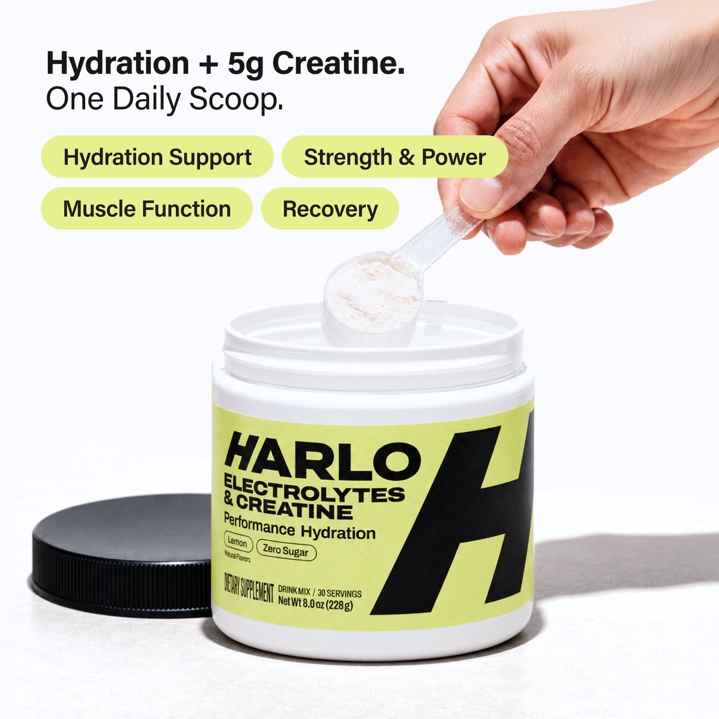 Harlo Daily Creatine + Electrolytes Powder | 5g Creatine Monohydrate | NSF Certified for Sport | Zero Sugar | Lemon | 30 Servings
