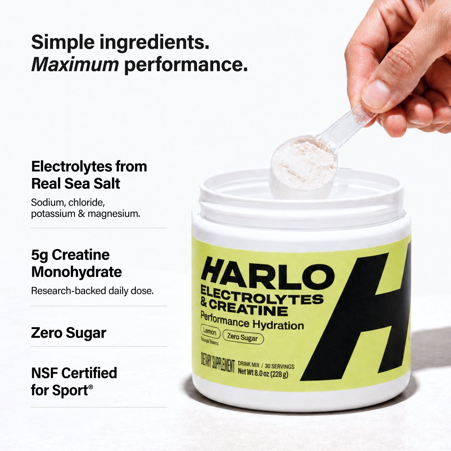 Harlo Daily Creatine + Electrolytes Powder | 5g Creatine Monohydrate | NSF Certified for Sport | Zero Sugar | Lemon | 30 Servings