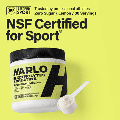 Harlo Daily Creatine + Electrolytes Powder | 5g Creatine Monohydrate | NSF Certified for Sport | Zero Sugar | Lemon | 30 Servings