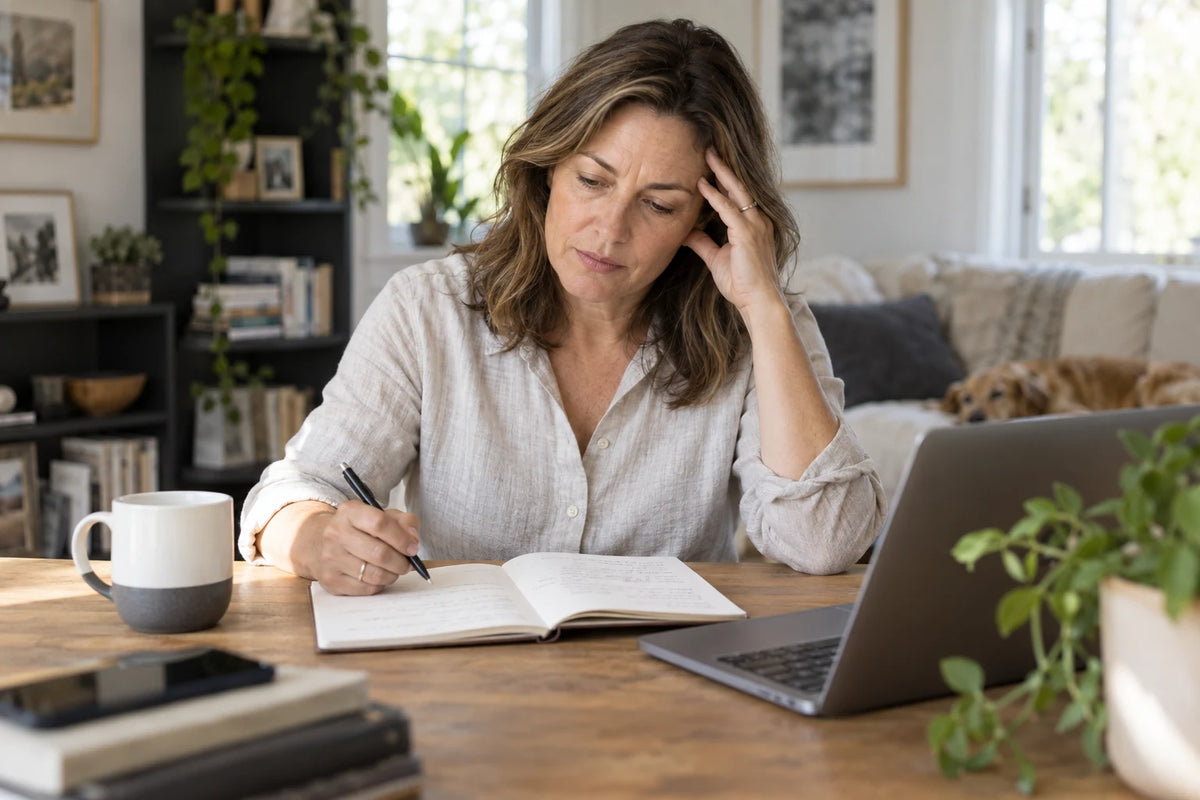 Illustrative scene of a woman pausing over her notes while struggling to concentrate.